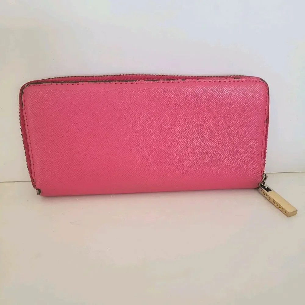 Tory Burch Solid Pink Saffiano Leather Zip Around Large Wallet Long Clutch Fair